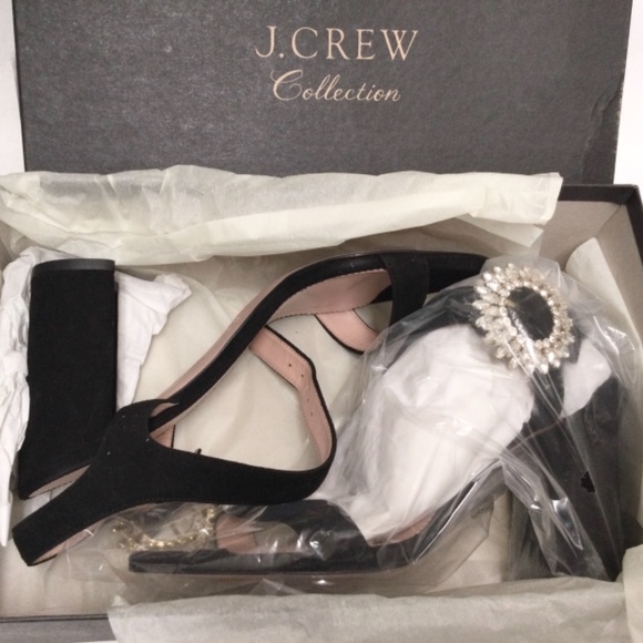 J.Crew Crystal Buckle Stella Black Suede Heeled Sandals Dress Evening Pumps 8.5 - Picture 3 of 7